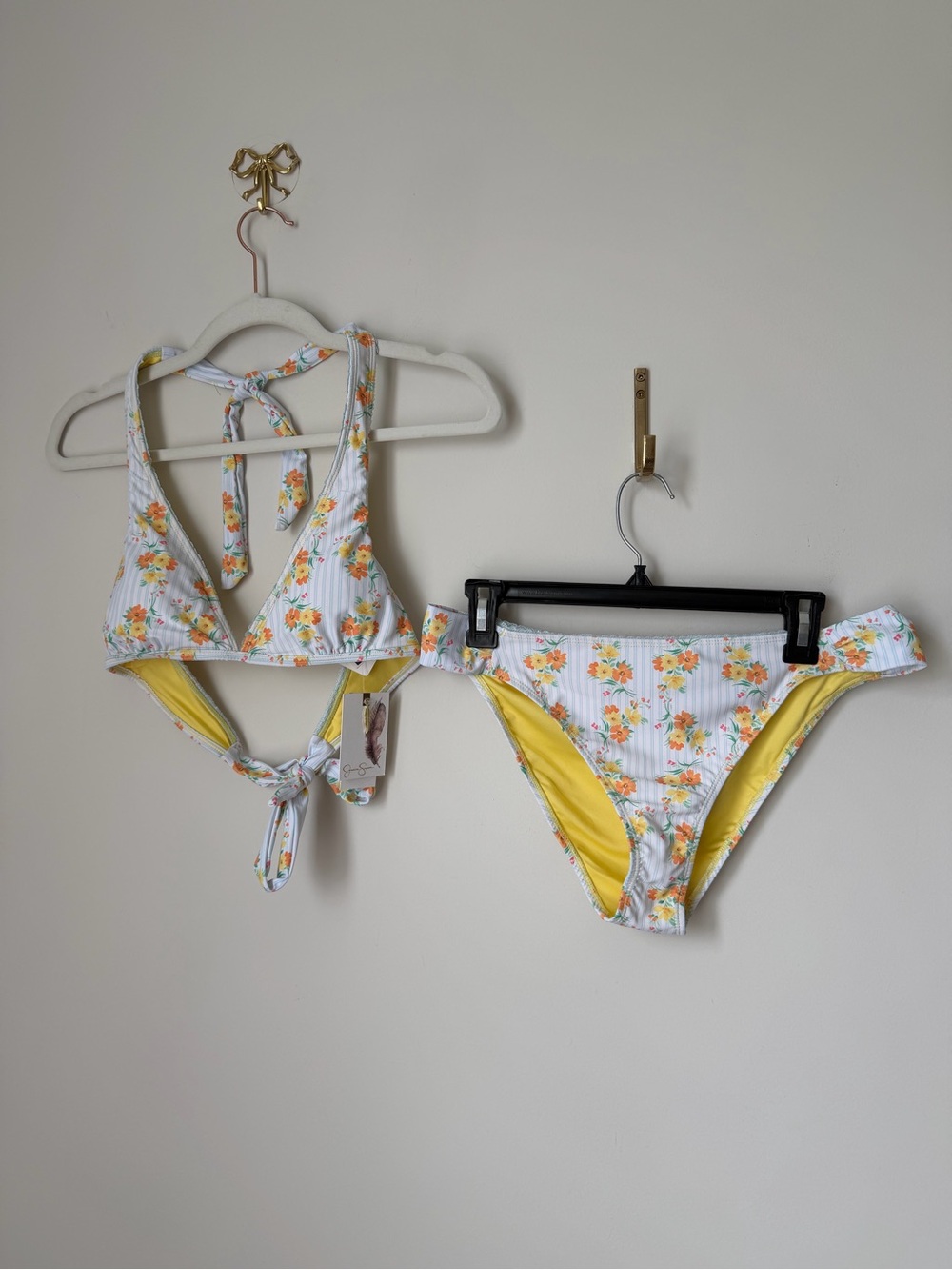 Yellow Floral striped lace trim halter Bikini Set